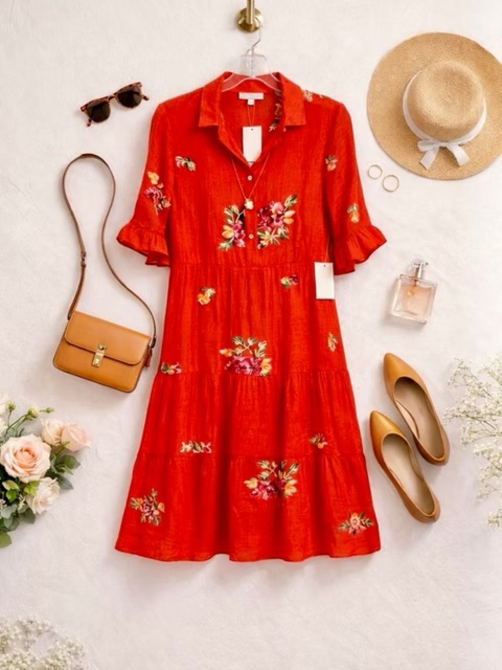 fig and flower Red Floral Tiered Midi Dress